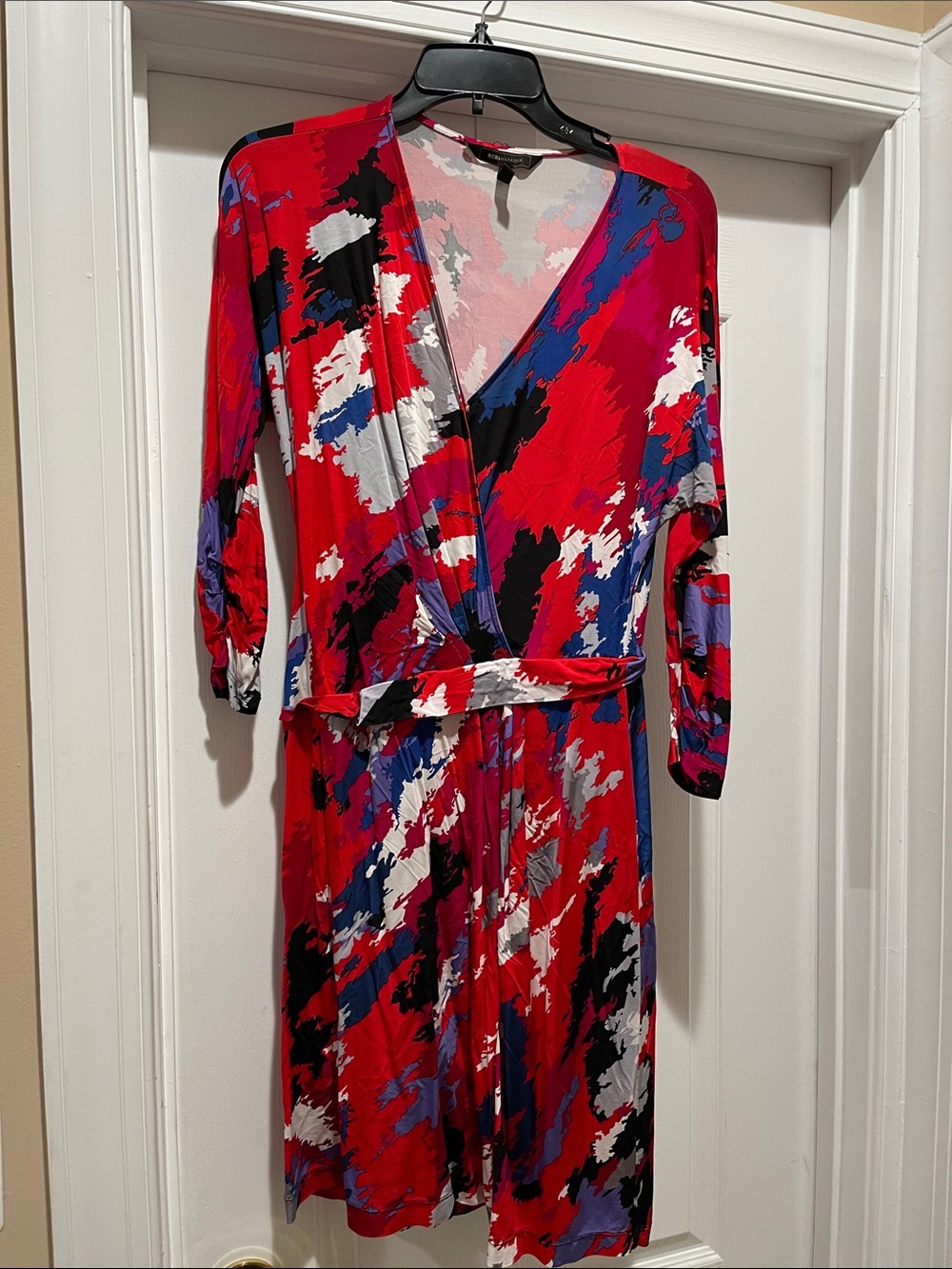 BCBGMaxAzria Red Abstract Print Wrap Dress with Blue and Black Accents